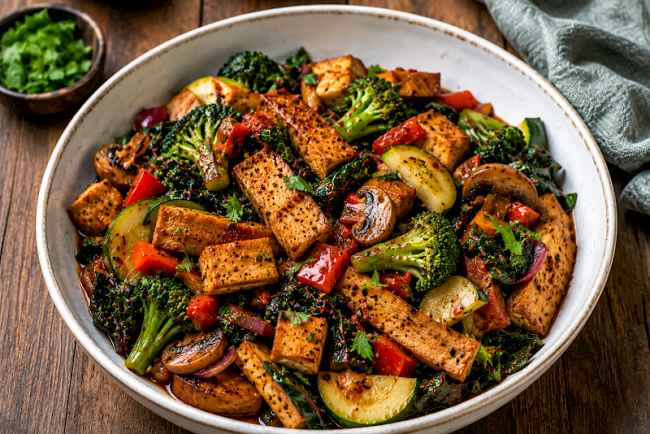 Würzige Seitan-Tofu-Gemüsepfanne mit Brokkoli, Mangold und Paprika