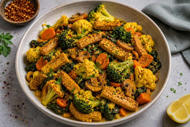 Curry-Seitan-Soja-Gemüsepfanne mit Blumenkohl, Brokkoli und Karotte