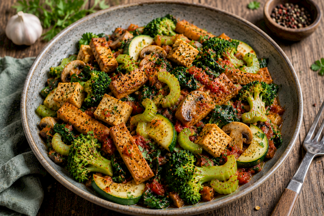 Kräuter-Seitan-Tofu-Gemüsepfanne mit Brokkoli, Sellerie und Spinat