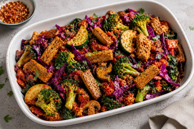 Würzige Seitan-Soja-Gemüsepfanne mit Brokkoli, Rotkohl und Zucchini