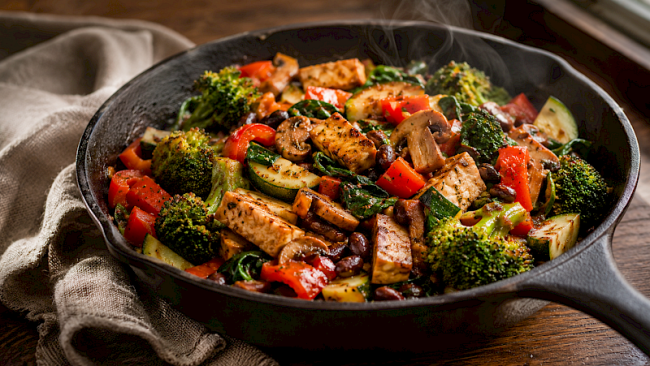 Proteinreiche Tempeh-Bohnen-Gemüsepfanne mit Brokkoli, Paprika und Spinat