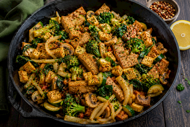 Proteinreiche Seitan-Lupinen-Gemüsepfanne mit Brokkoli, Fenchel und Spinat