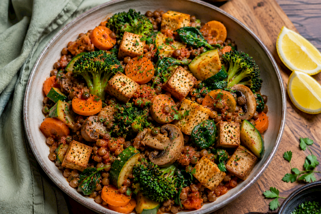 Proteinreiche Räuchertofu-Linsen-Gemüsepfanne mit Brokkoli, Karotte und Spinat