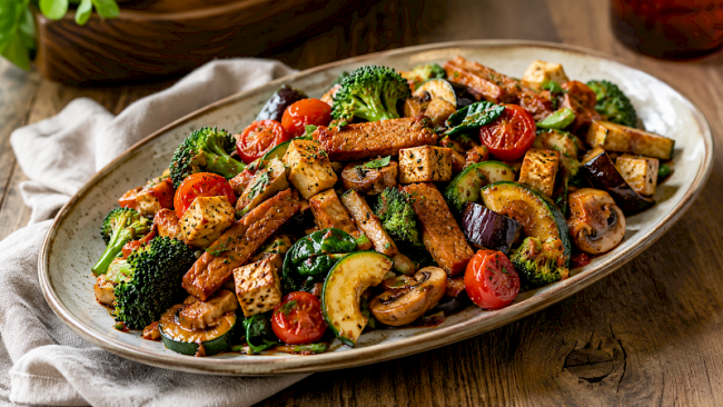 Proteinreiche Seitan-Tofu-Gemüsepfanne mit Aubergine, Brokkoli und Tomaten