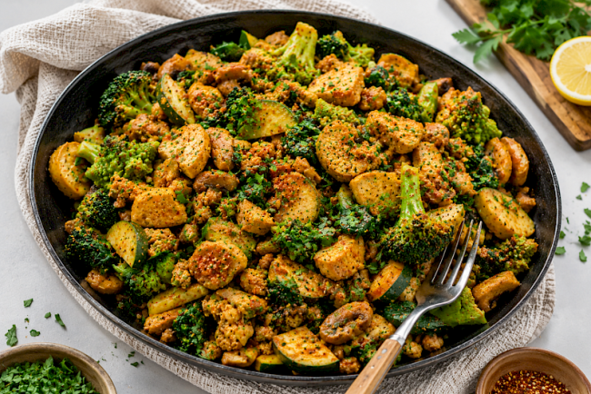 Proteinreiche Lupinen-Soja-Gemüsepfanne mit Romanesco, Brokkoli und Spinat