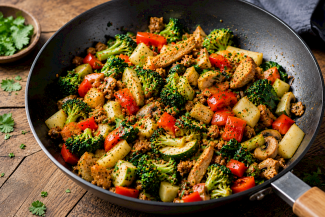 Proteinreiche Seitan-Soja-Gemüsepfanne mit Brokkoli, Kohlrabi und Paprika