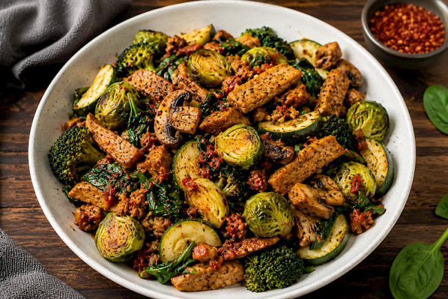 Proteinreiche Seitan-Soja-Gemüsepfanne mit Rosenkohl, Brokkoli und Spinat