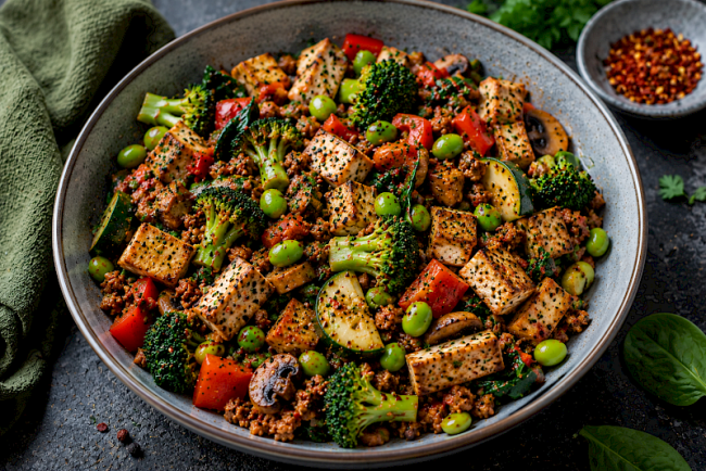 Proteinreiche Tofu-Soja-Edamame-Pfanne mit Brokkoli, Paprika und Spinat