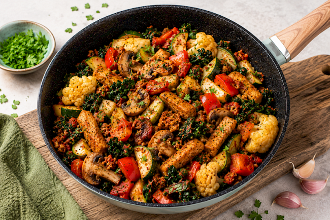 Proteinreiche Seitan-Soja-Gemüsepfanne mit Blumenkohl, Paprika und Grünkohl