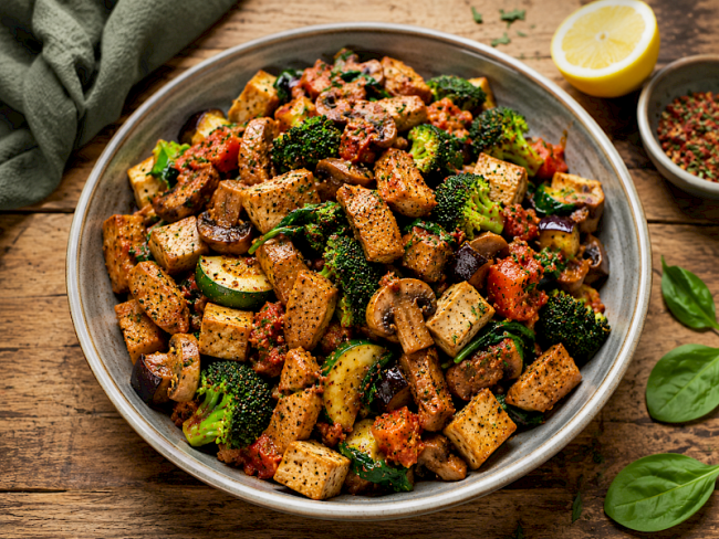 Proteinreiche Lupinen-Tofu-Gemüsepfanne mit Brokkoli, Aubergine und Spinat