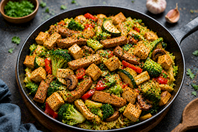 Proteinreiche Seitan-Tofu-Gemüsepfanne mit Wirsing, Brokkoli und Champignons
