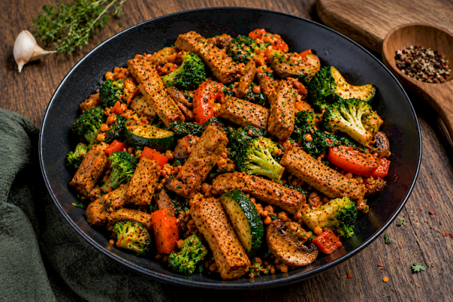 Proteinreiche Seitan-Linsen-Gemüsepfanne mit Paprika, Brokkoli und Tomaten