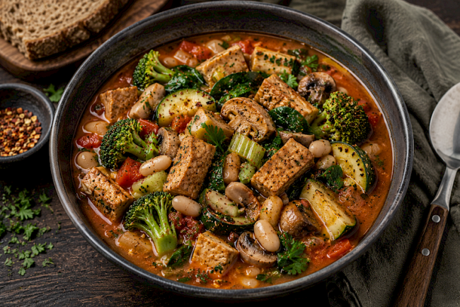 Proteinreicher Seitan-Bohnen-Gemüse-Eintopf mit Brokkoli, Zucchini und Spinat