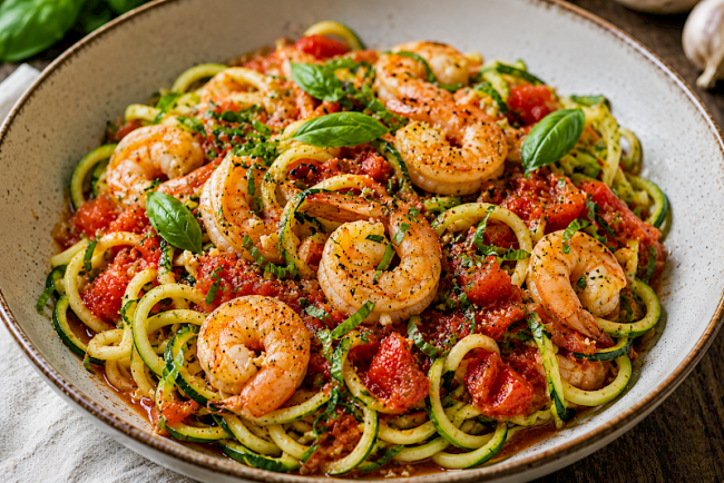 7. Zoodles mit Knoblauch-Garnelen in Tomatensugo