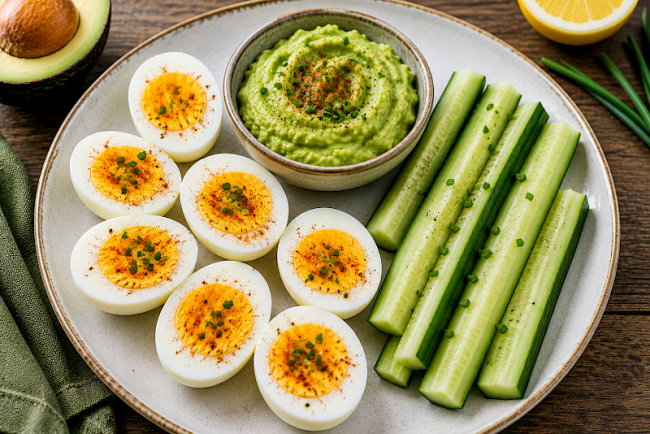 8. Protein-Power-Eier mit Avocado-Dip und Gurkensticks