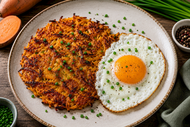 9. Goldene Süßkartoffel-Rösti mit Spiegelei