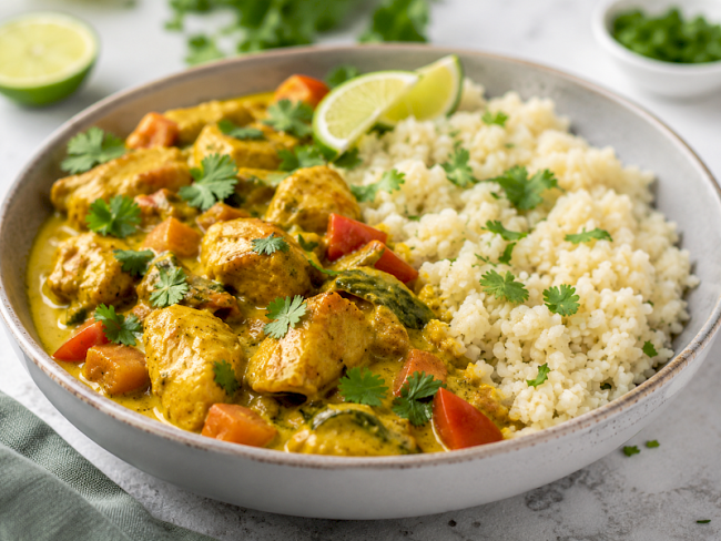 12. Goldenes Hähnchen-Curry mit Blumenkohlreis