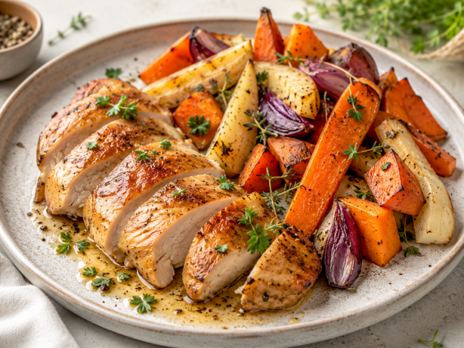 13. Hähnchenschenkel-Filet mit Ofen-Wurzelgemüse