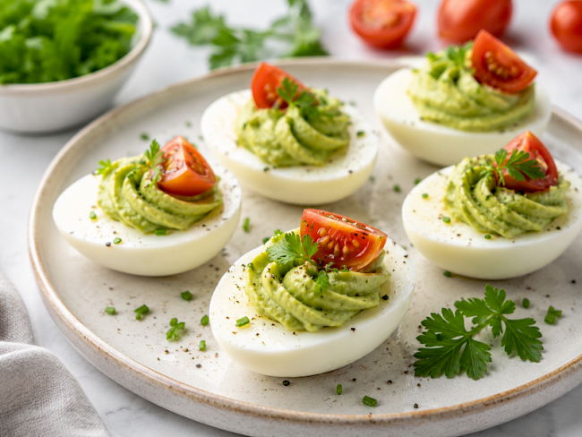 17. Gefüllte Eier mit Avocado-Creme & Tomaten