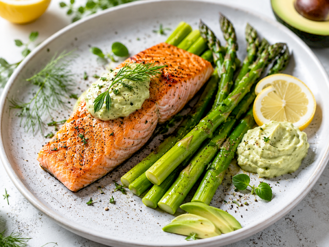 22. Lachs & grüner Spargel mit Zitronen-Avocado-Creme