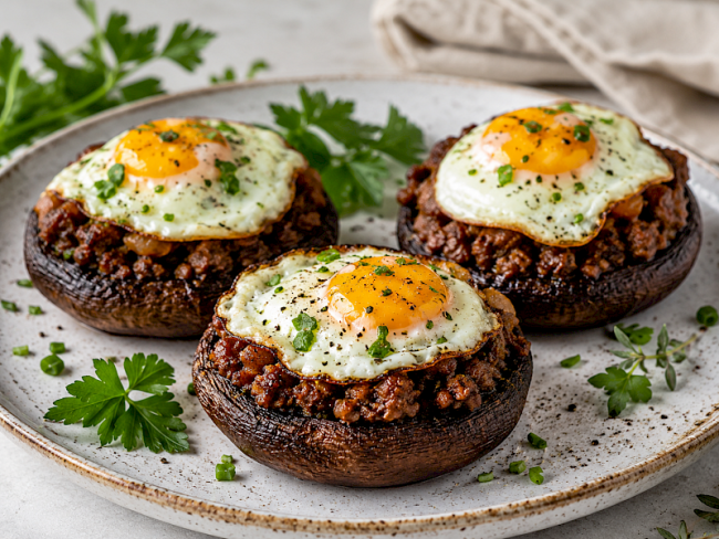 31. Gefüllte Portobello-Pilze mit Hack & Spiegelei-Haube