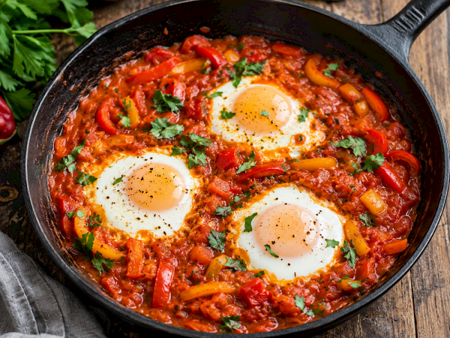 36. Shakshuka mit drei pochierten Eiern