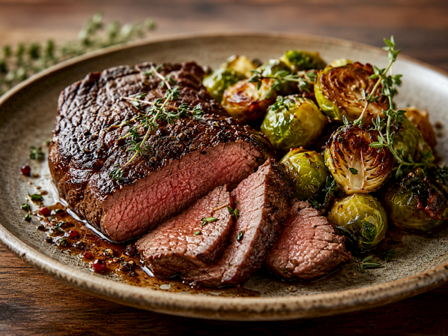 40. Hirschsteak mit geröstetem Rosenkohl