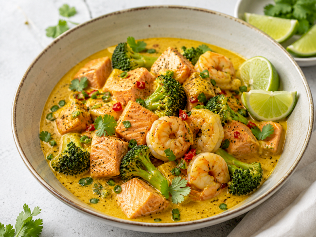 50. Lachs-Garnelen-Curry mit Brokkoli