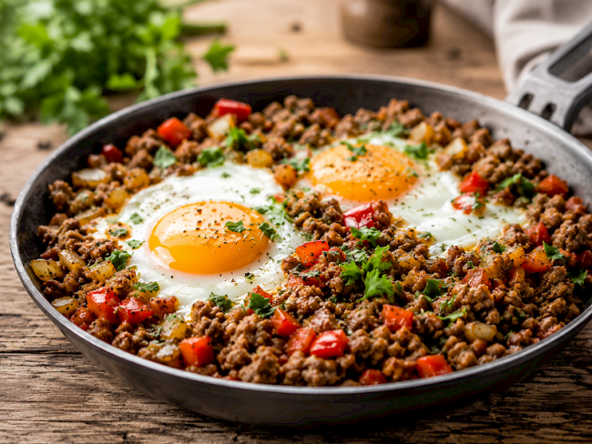 56. Herzhafte Frühstücks-Hackpfanne mit Spiegelei