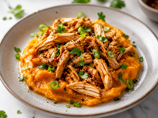 57. Pulled Chicken auf Süßkartoffelpüree