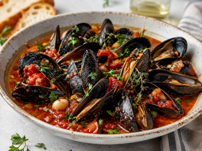 60. Miesmuscheln in Tomaten-Knoblauch-Sud