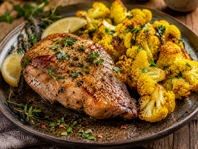 62. Putensteak mit Kurkuma-Ofen-Blumenkohl