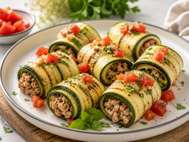 75. Zucchini-Röllchen mit Putenhack-Füllung