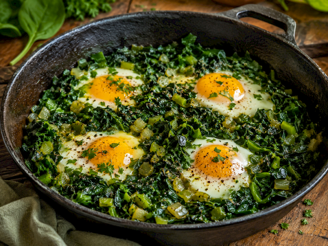 78. Grüne Shakshuka mit Spinat & Mangold