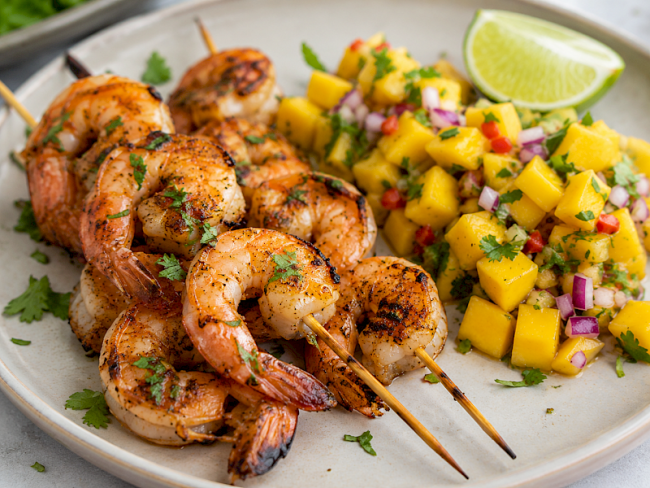 79. Garnelen-Spieße mit Mango-Salsa