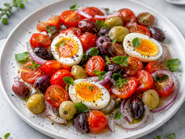 80. Mediterraner Oliven-Tomaten-Teller mit Eiern