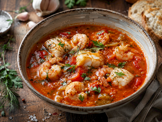83. Mediterrane Fischsuppe mit Seeteufel & Garnelen