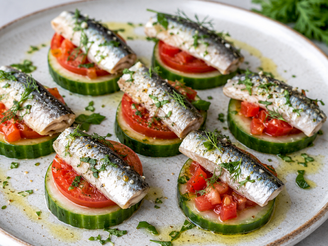 89. Sardinen auf Gurken-Tomaten-Talern