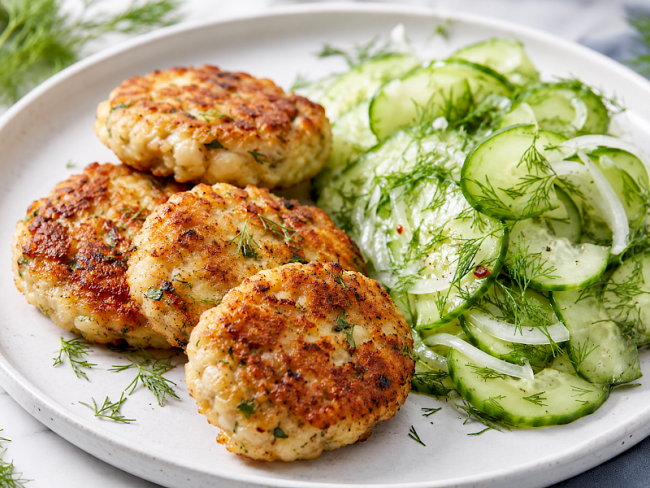115. Kabeljau-Frikadellen mit Gurken-Dill-Salat