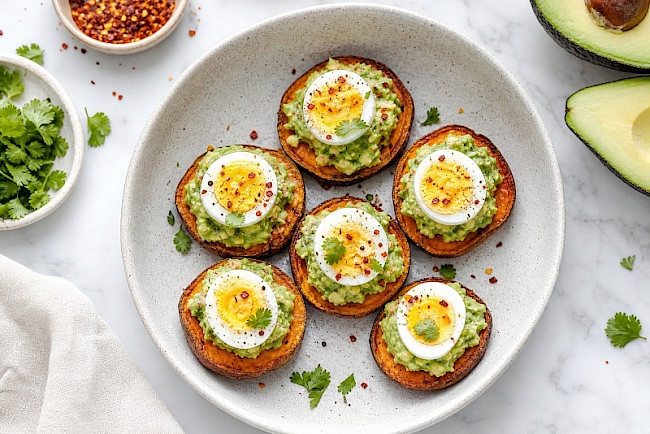 170. Süßkartoffel-Taler mit Avocadocreme & Ei