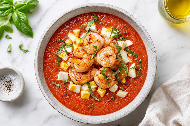 182. Gazpacho mit Garnelen & Ei