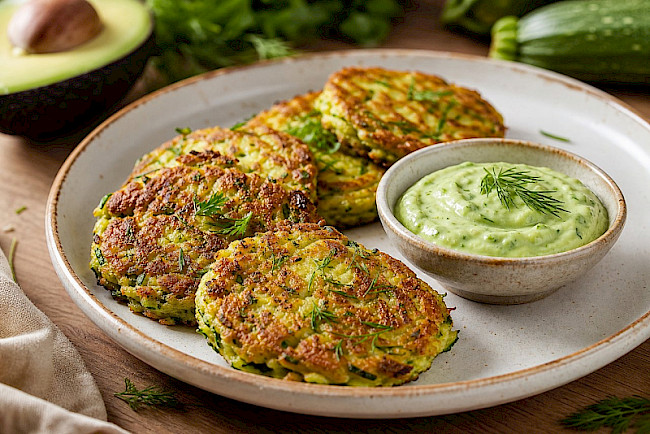 204. Ofen-Zucchini-Puffer mit Avocado-Kräuter-Creme
