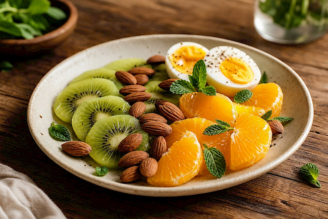 205. Kiwi-Orangen-Teller mit Mandeln & Ei