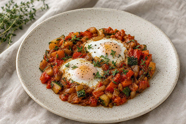 208. Ratatouille-Pfanne mit pochierten Eiern