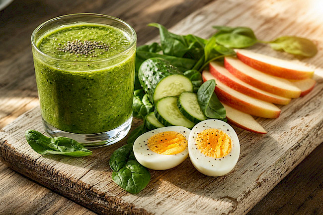 222. Grüner Power-Smoothie mit Eiern dazu