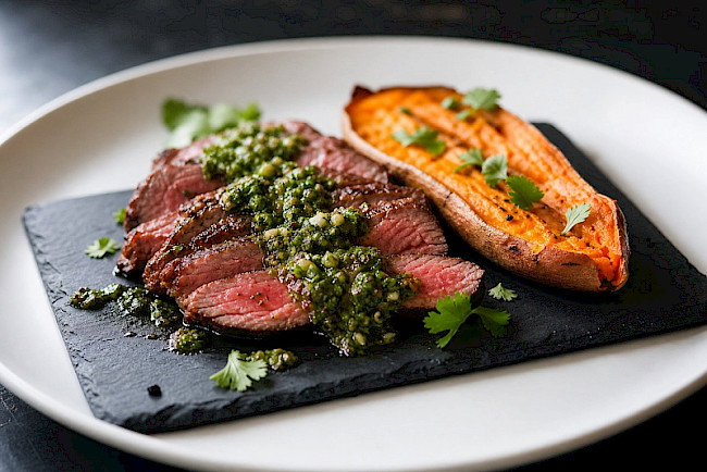 231. Rindersteak mit Salsa Verde & Ofen-Süßkartoffel