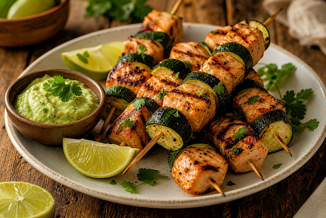 241. Gegrillte Lachs-Spieße mit Limetten-Avocado-Dip