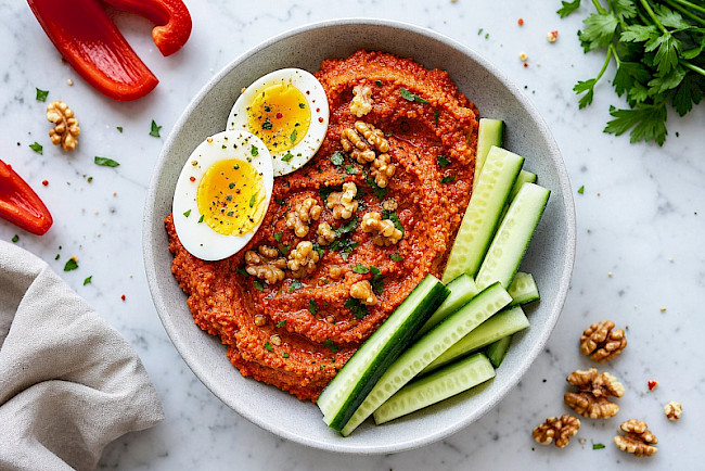 242. Muhammara-Dip mit Gemüse-Dippern & Eiern