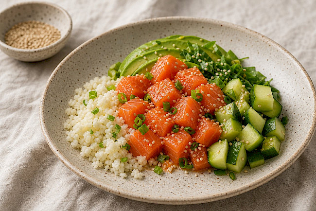 244. Paleo-Poke-Bowl mit Lachs & Blumenkohlreis