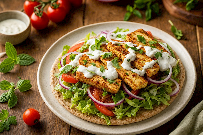 Tofu-Döner-Teller mit Soja-Knoblauchsauce